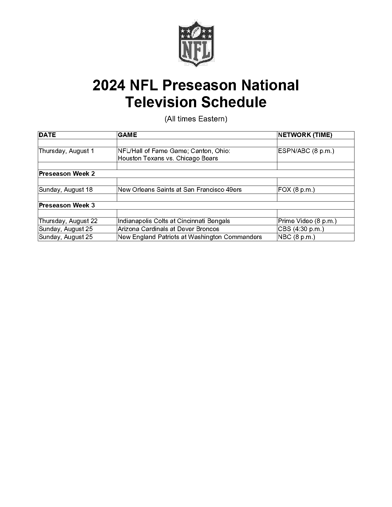 nfl preseason national tv schedule